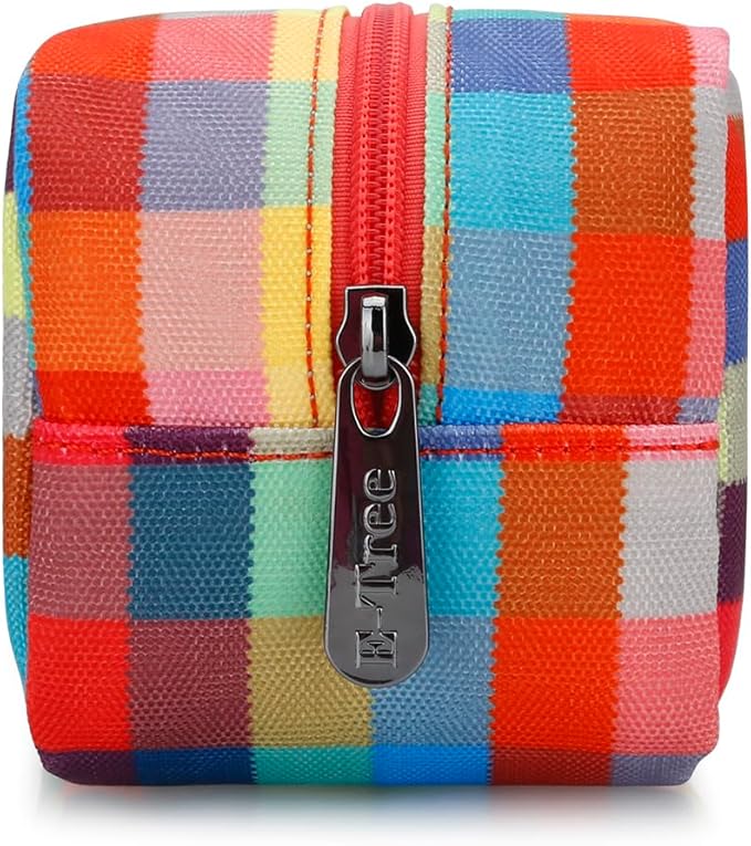 E-Tree Cute Makeup Bag,Travel Make up Pouch for Purse,Zipper Toiletry Cosmetic Brush Skin Care Case for Women Man,Tech Electronic Organizer,Small Canvas Storage for Personal Items,Colorful Checkered