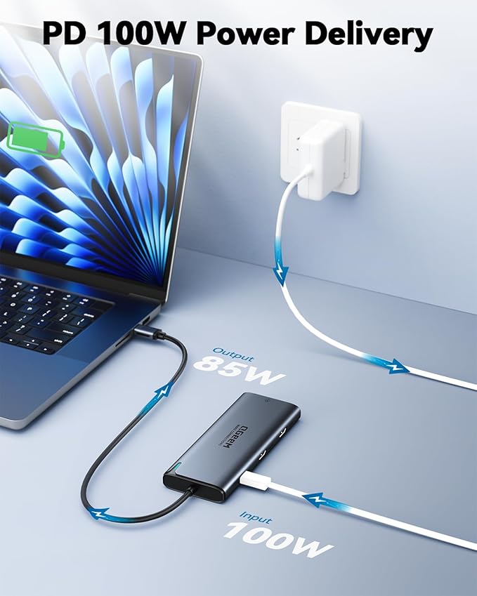 QGeeM USB C Hub,8 in 1 Extender Splitter with Single 8K,Dual 4K@60Hz HDMI,Multiport USB C to Ethernet Adapter for Type C Device,USB A 10Gbps Data,PD100W-M1/M2 only 1 Display