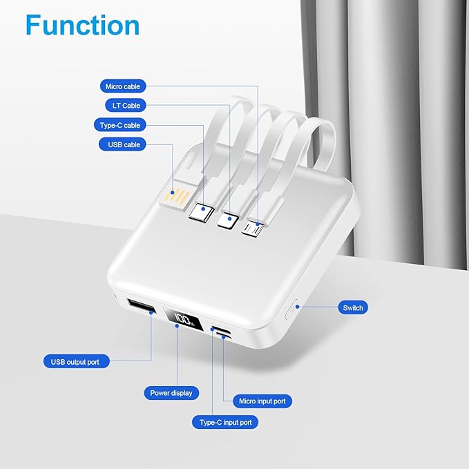 Portable Charger with Built-in Cable,12000mAh 22.5W Fast Charging Small Power Bank,USB C Input/Output with Smart LED Display,External Battery Pack for iPhone,Tablet,Samsung