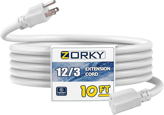 10ft Indoor Outdoor Extension Cord - 12/3 SJTW Heavy Duty Extension Cable with 3 Prong Grounded Plug for Safety -15Amp 1875W White Electric Cord Great for Garden, Appliances