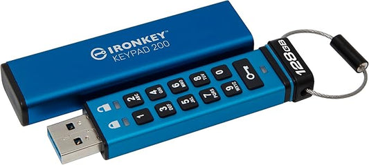 Kingston Ironkey Keypad 200 128GB Encrypted USB | Alphanumeric Keypad | Multi-Pin Access | XTS-AES 256-bit | FIPS 140-3 Level 3 Certified | Brute Force & BadUSB Protection | IKKP200/128GB,Blue