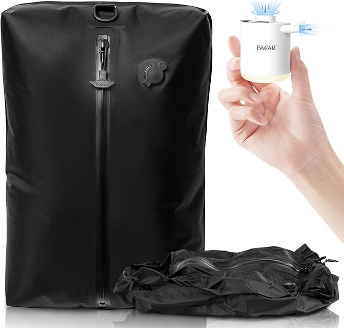 BAGAIL TPU Vacuum Bag for Travel, Reusable Compression Bag with IPX8 Waterproof Zipper, Save Space for Suitcase, Backpack and Carry on (Black, Large, With Pump)