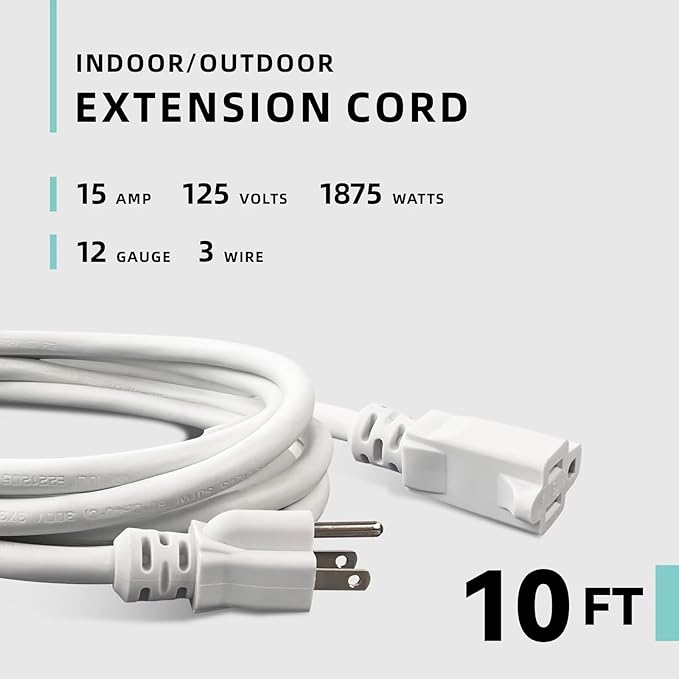 10ft Indoor Outdoor Extension Cord - 12/3 SJTW Heavy Duty Extension Cable with 3 Prong Grounded Plug for Safety -15Amp 1875W White Electric Cord Great for Garden, Appliances
