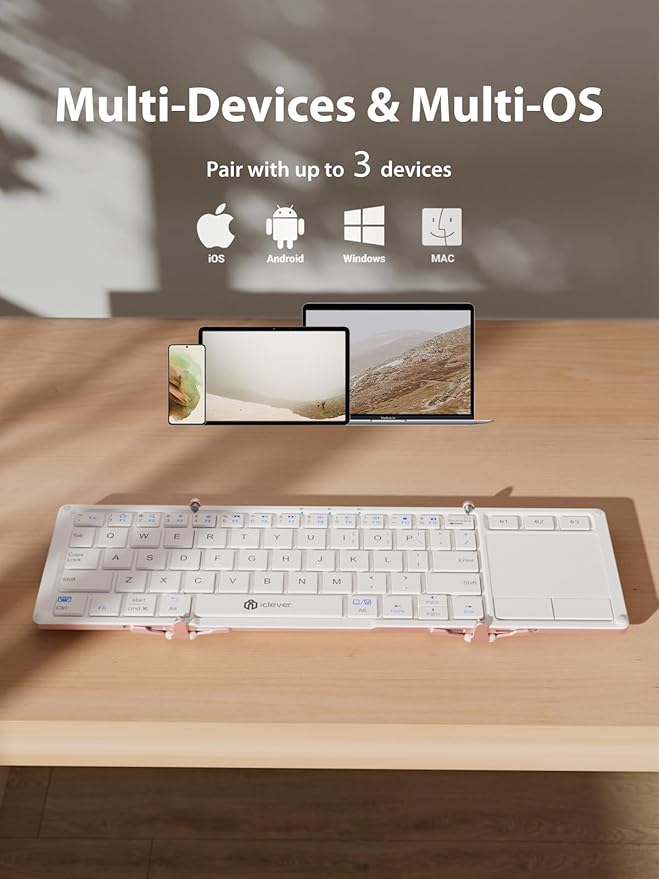 iClever Bluetooth Keyboard with Touchpad, Foldable Keyboard, Metal Body, Gesture Support, USB-C Charge, Pocket-Size Wireless for Travel, iPad, iPhone, Android, Windows, Pink White
