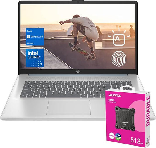 HP 2025 Essential Laptop, 17.3" FHD, Intel Core 7 150U (Beats I7 1335U), 64GB RAM, 1TB SSD, Fingerprint Reader, Backlit Keyboard, Wi-Fi 6, Win 11 Home, Blue, Bundle with ADATA 512 External SSD