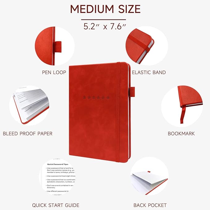 Password Book with Alphabetical Tabs – Hardcover Internet Address & Password Organizer – Password Keeper Notebook for Computer & Website – 5.2 x 7.6 Log-in Password Journal w/Thick Paper (Red)