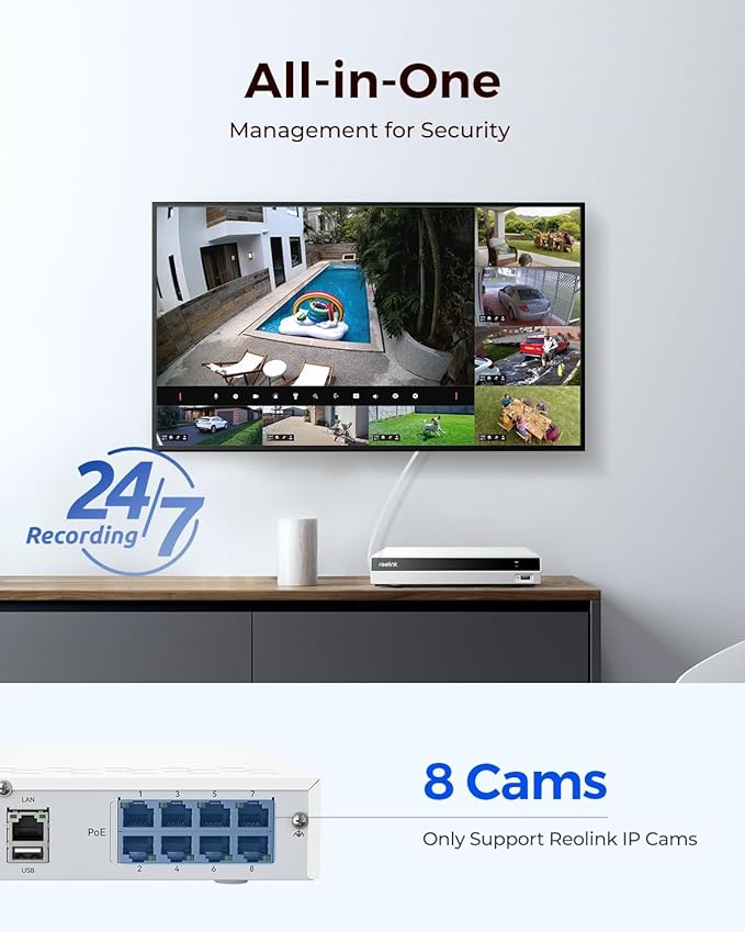 REOLINK NVR RLN8-410-White, 8 Channel, Network Video Recorder for Home PoE Security Camera System, Only Work with 16MP/12MP/4K/8MP/5MP/4MP Reolink Camera, 24/7 Recording to Pre-Installed 2TB HDD