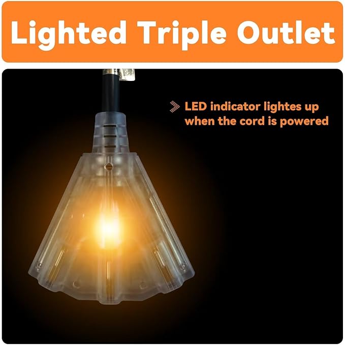 EP 10 Ft Lighted Outdoor Extension Cord with 3 Electrical Power Outlets - 12/3 SJTW Heavy Duty Black Extension Cable with 3 Prong Grounded Plug for Safety, UL Listed