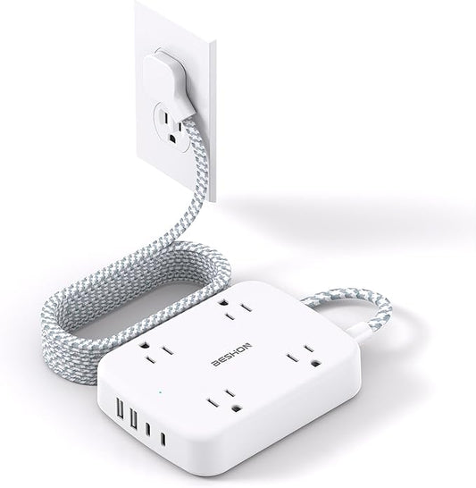 Extension Cord 15 ft, BESHON Long Power Strip with 2 USB C, Flat Plug Power Strip, 4 Outlets and 4 USB Charging Ports, Outlet Extender, 900 Joules, for Home Office Dorm Room Essentials