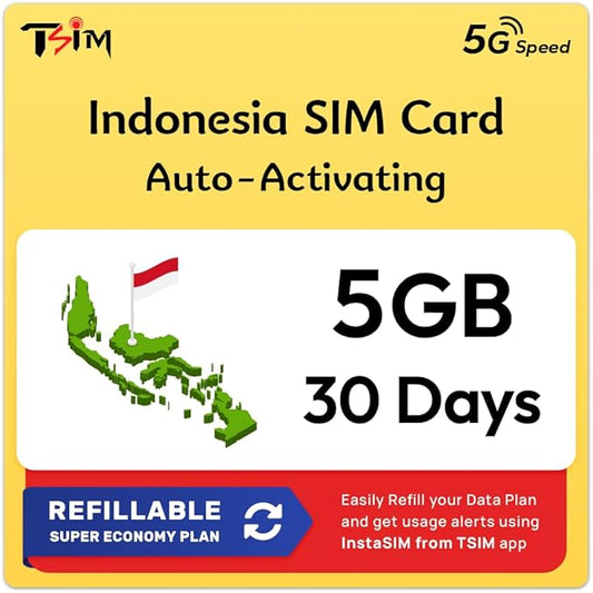 Indonesia SIM Card | 5GB Super Economy Refillable Plan! Auto Activating 30 Day Validity | Hotspot Allowed | Data-Only No Phone Number