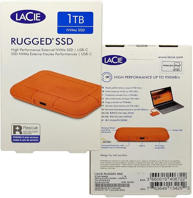 LaCie Rugged SSD 4TB Solid State Drive — USB-C USB 3.2 NVMe speeds up to 1050MB/s, IP67 Water Resistant, 3m Drop Resistant, Encryption, 5-Year Warranty with Data Recovery, 1 Mo Adobe CC (STHR4000800)