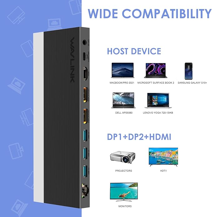 WAVLINK USB C Docking Station,100W PD Charging,Triple 4K Display Type-C Adapter(HDMI,2 DisplayPort,Ethernet,4 USB 3.0,SD/TF Card Reader,3.5mm Audio) for MacBook Pro,Dell XPS 13/15,HP,Lenovo Yoga