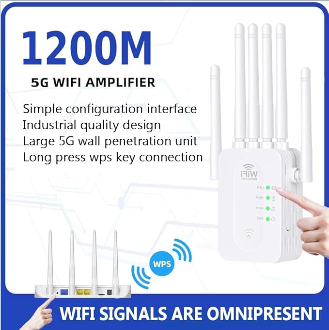 WiFi Extender Signal Booster, 2025 Best WiFi Extender with Ethernet Port, 1200Mbps WiFi Booster Dual Band 5GHz/2.4GHz, Up to 9800 Sq.ft and 60 Devices, Stable Internet Performance, 1-Tap Setup, White