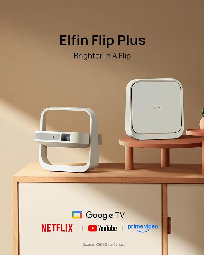 XGIMI Elfin Flip Plus Portable Projector, Google TV with Licensed Netflix, 500 ISO Lumens, 1080P Resolution Home Projector, Build-in Adjustable Stand, Lightweight and Compact Design, Screen Adaption
