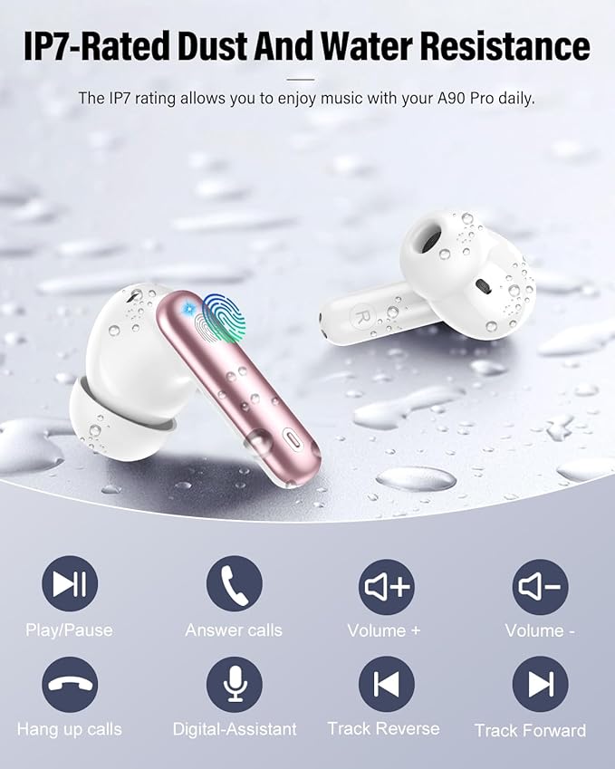 Wireless Earbuds, Bluetooth 5.4 Headphones Bass Stereo, Ear Buds with Noise Cancelling Mic, LED Display in Ear Earphones Clear Calls, IP7 Waterproof Bluetooth Earbuds for Laptop/Phones, Rose Gold
