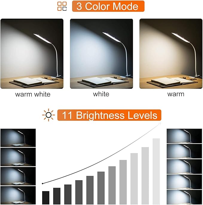 Vansuny Clip on Light LED Desk Lamp with Eye-Caring LED Metal Clip, 11 Level Brightness 3 Color Modes, Power by USB Port 5W Flexible Gooseneck Reading Light for Home and Office (5W, White)