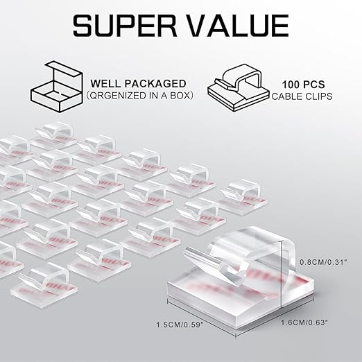 100PCS Cable Clips, Adhesive Wire Clips Strong Cord Clips Wire Holders, Cable Management Clips for Desk, Wall, Car, TV, Ethernet Cable (Clear, Small)