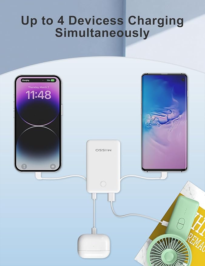 miisso 6000mah Ultra Slim Built in Cables Power Bank, Card Size Built in USB C Cords Battery Pack Portable Charger for Phones, 3 Output External Battery Pack Compatible with iPhone, Snow White