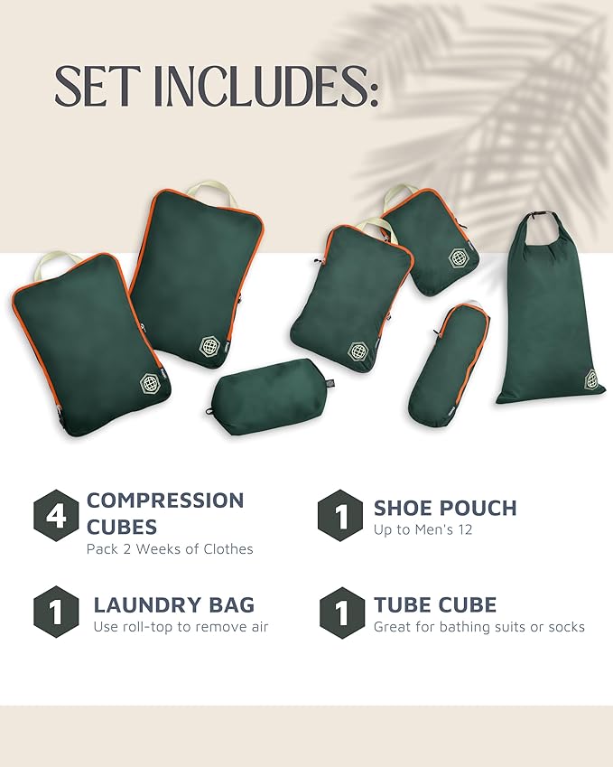 Large Compression Packing Cubes for Travel-Packing Cube Luggage Organizers 7 Piece Set for Checked Luggage-Ultralight, Expandable/Compression Bags by TRIPPED Travel Gear (Green/Orange)