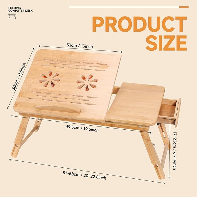 Adjustable Bamboo Laptop Desk with Cooling Fan, Foldable Bed Tray for Breakfast, Writing, and Drawing, with Tilting Top and Drawer, Portable Lap Desk for Bed, Sofa, and Floor.
