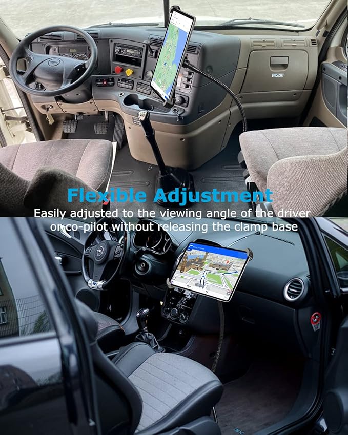 Car Seat Rail Tablet Mount for Truck, Aluminum Gooseneck Car Floor Bolt Tablet Holder Camera Clamp with 1/4'' Screw Adapter for Taxi, Van, Vehicle, Semi, SUV for iPad Pro/Air, Tabs, Gopro (9.5-14.5”)