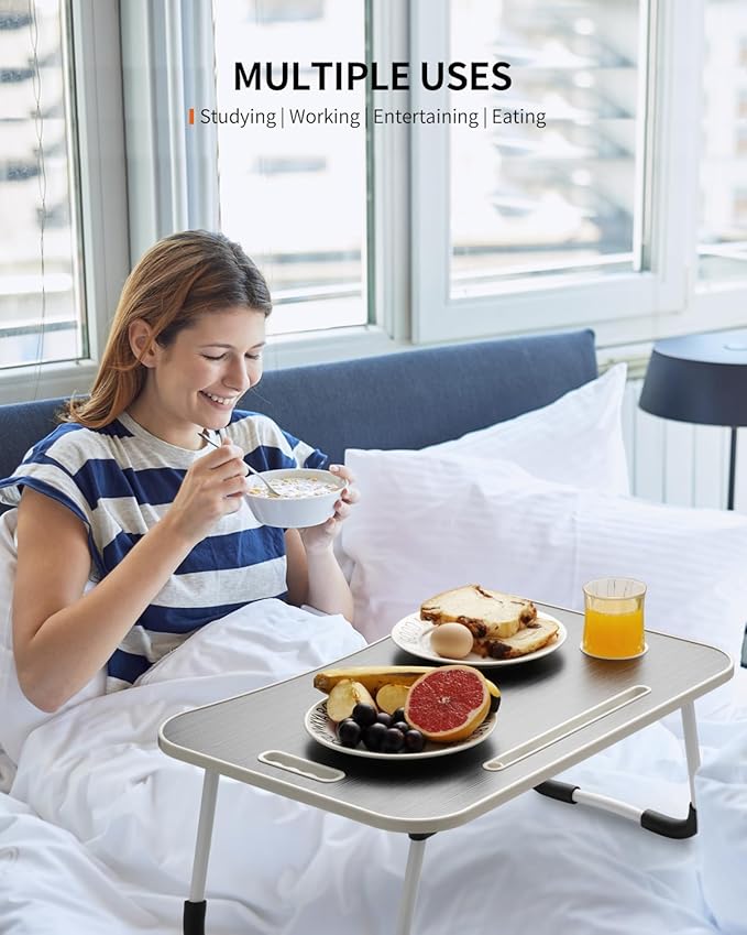 Foldable Laptop Table, Portable Lap Desk Bed Table Tray, Laptop Stand with Cup Holder & Tablet Slot & Lifting Handle for Working Writing Drawing & Eating (Black)