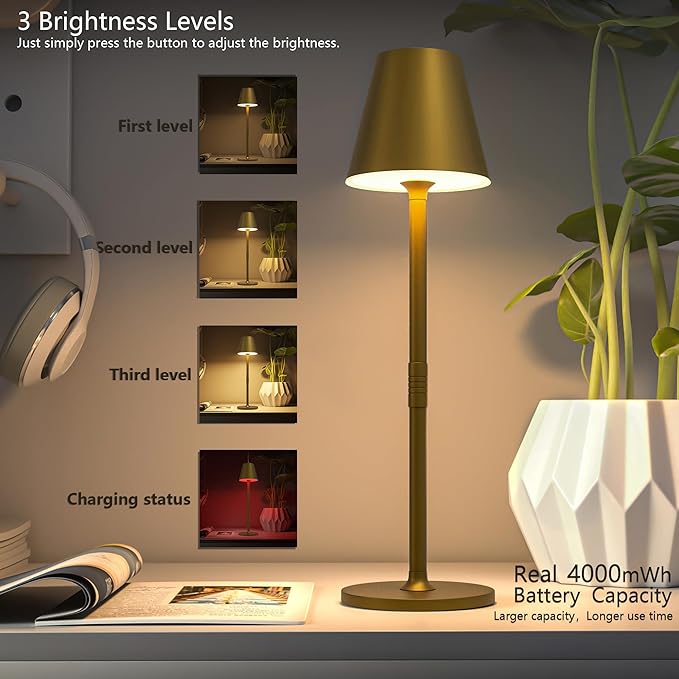LED CordlessTable Lamp,4000mAh Rechargeable Battery Desk lamp,3 Level Brightness Beside Night Light, Minimalist Design, for Couple Dinner/Coffee Table/Restaurant/Bedroom(Bronze 2PACK)