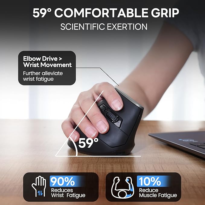 Uineer Ergonomic Wireless Mouse,Bluetooth Vertical Mouse with BT5.0/4.0/2.4G, Rechargeable with Battery Indicator,Ergonomic Design for Comfort and Reduced Wrist Strain for Home,Office Use,Black