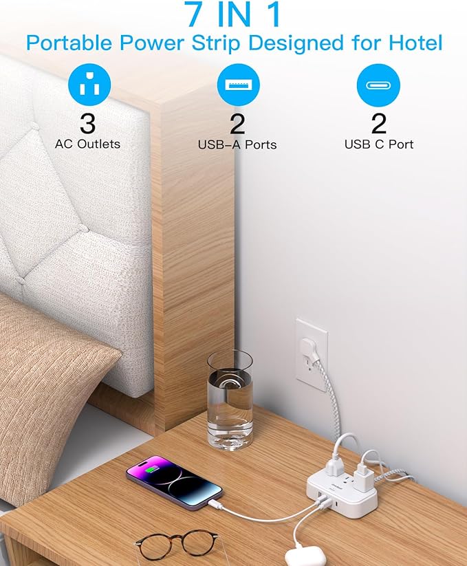 One Beat 1 Pack Cruise Essentials,5 Ft Flat Extension Cord, 3 Outlets 4 USB Ports(2 USB C) Flat Plug Power Strip,USB Charging Station with Non Surge Protector for Cruise Ship,Travel,Dorm Essentials