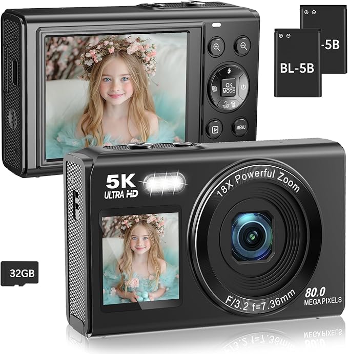 Dual Screen 5K Digital Camera for Vlogging with Fill Light - 80MP, 16X Zoom, WiFi, YouTube/Blogging, Includes 32GB Card & 2 Batteries (X9-Black)