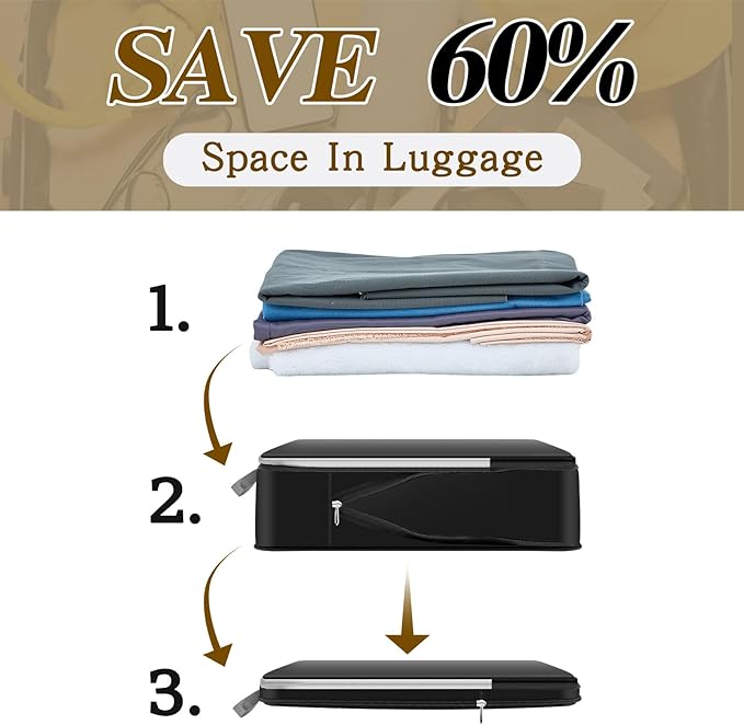 Hosuly 6 Pcs 11 x 7'' Compression Packing Cube Bag Extra Large Travel Expandable Space Saving Organizers XL for Luggage Storage(Black)