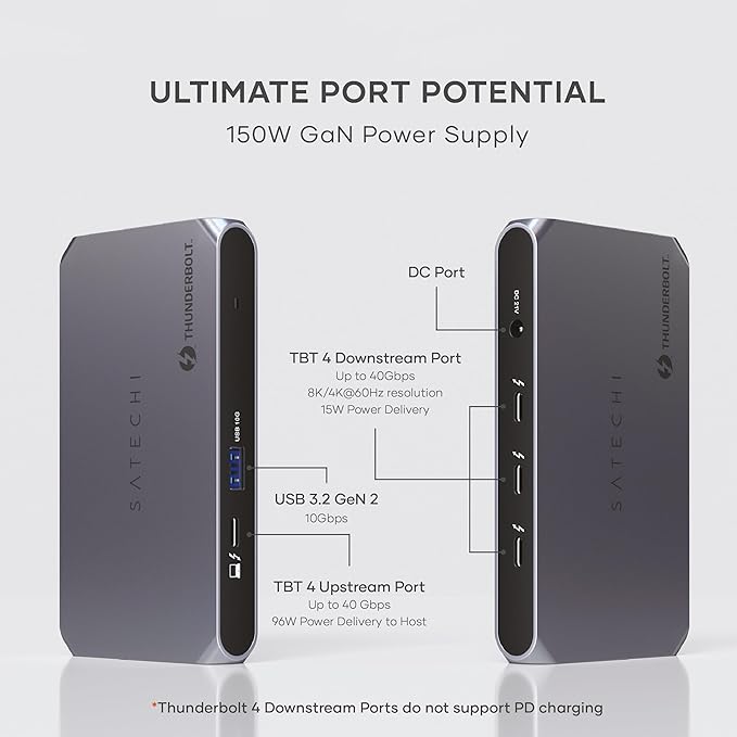 Satechi Thunderbolt 4 Dock Slim Hub Pro, USB C 100W Charging, Single 8K or Dual 4K Display, 4 Thunderbolt 4 Ports, USB 3.2 Gen2, for Mac/Windows, MacBook Pro/Air M4/M3/M2/M1, Dell, Surface, Lenovo