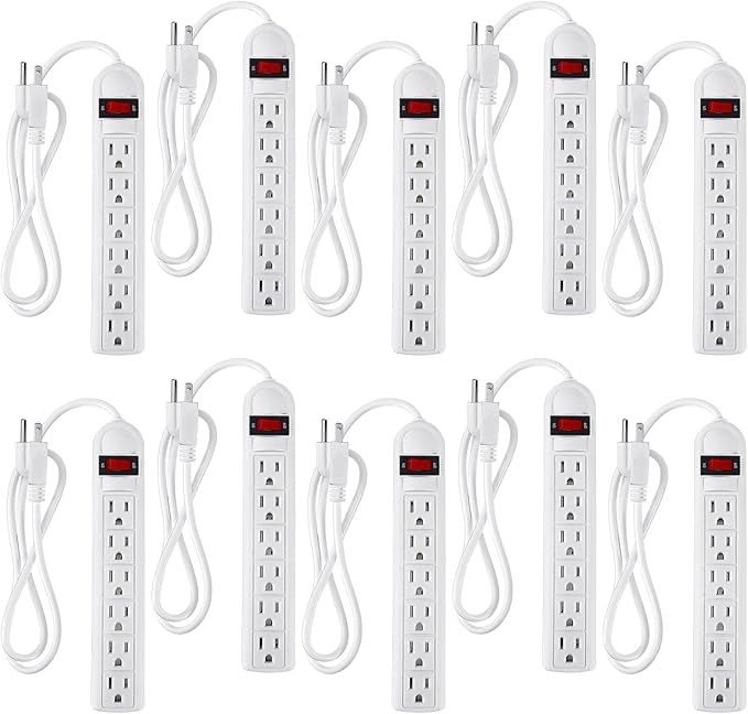 Hoteam 10 Pcs Power Strip Bulk 6 Outlet Surge Protector Power Cord Electrical Extension Cord with Switch Low Profile Plug Flat for Home Office(8.2 ft,White)