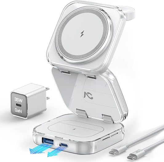 5-in-1 Wireless Charger for MagSafe, AC ISLAND Portable Travel Charging Station, 15W Max Fast Foldable Magnetic Stand, Evolved for iPhone 17/16/15/14/13 Series, Apple Watch, AirPods (with 35W Adapter)