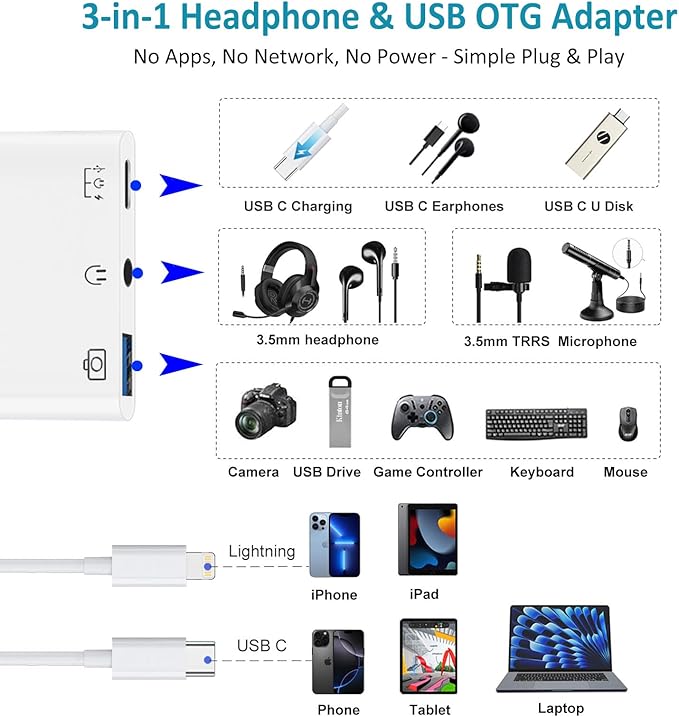 USB-C & Lightning to 3.5mm Headphone Adapter, 3-in-1 USB OTG Camera Adapter & Aux Headphone Splitter, Supports Charging/Audio/Data Transfer for iPhone 16/15/14/13/12, Samsung Galaxy S25/24, Laptops