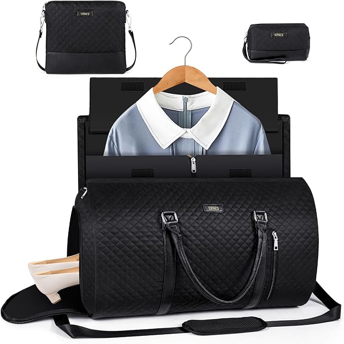 4pcs Convertible Garment Duffel Bag for Travel - 50L 2-in-1 Carry On Weekender Overnight Bag with Toiletry Bag, Fits Suits & Dresses, Trolley Sleeve, Hanging Suit Compartment, Waterproof Shoe Pocket