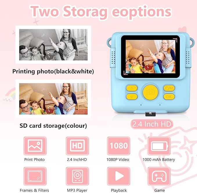 Instant Print Camera for Kids,Christmas Birthday Gifts for Age 3-12 Girls Boys，1080P HD Digital Video Cameras for Toddler,Kids Portable Toy with 3 Rolls Photo Paper，32GB Card-Blue