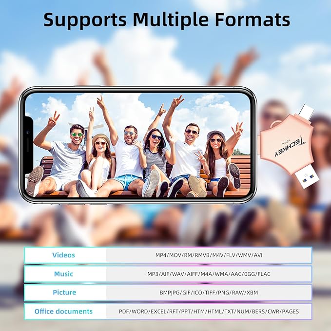 MFi Certified USB 3.0 Flash Drive 128GB for iPhone 3in1 External Memory Photo Keeper Storage Stick for Picture/Video/Data Saver/Backup High Speed Thumb/Jump/Hard Drives for iPad/Android/PC (Rose Pink)