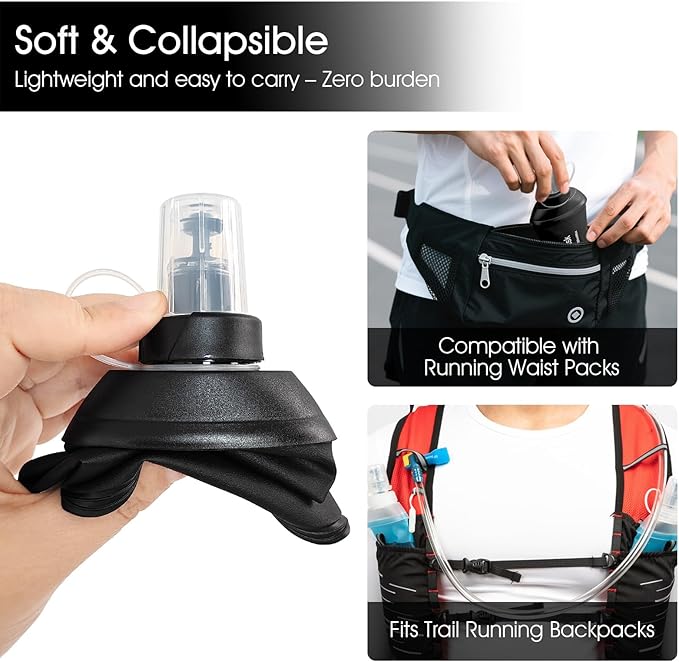 GYGYL Soft Flask, TPU Collapsible Soft Water Bottle for Hydration Pack, Running Vest, Leak-Proof Folding Water Bottle for Hiking Cycling Climbing Jogging-150ml Black