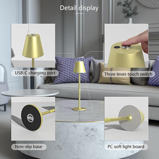 Modern LED CordlessTable Lamp,4000mAh Rechargeable Battery Desk lamp,3 Level Brightness Night Light, Minimalist Design, for Couple Dinner/Coffee Table/Restaurant/Bedroom(Champagne Gold)