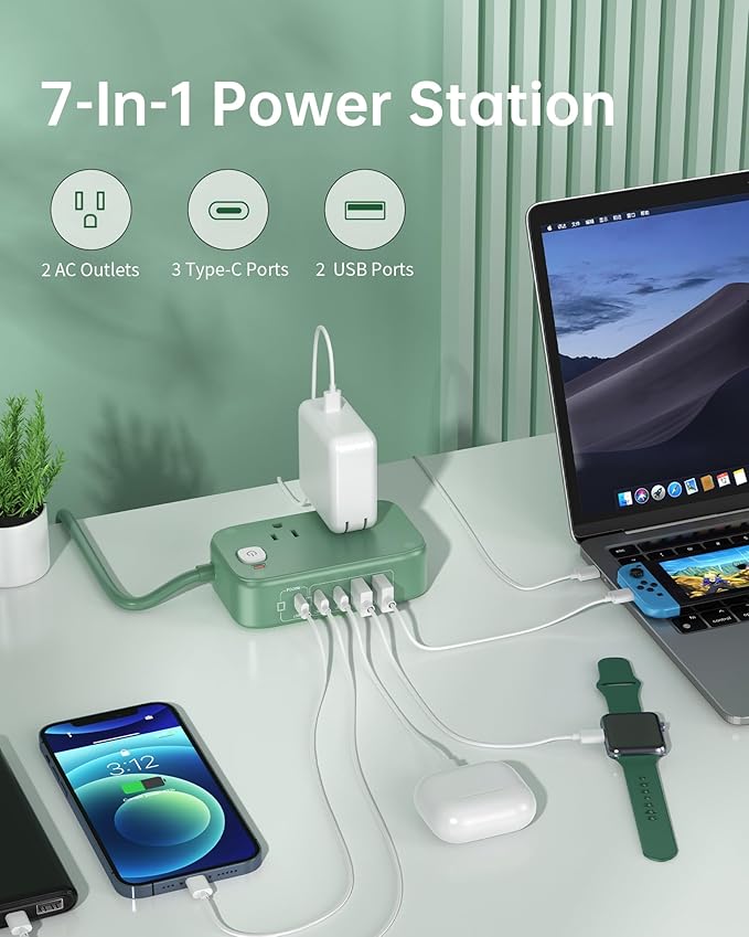 Power Strip with USB C Ports,30W USB C Charging Station,Surge Protection 1200J, 5FT Flat Extension Cord USB Charger Hub for Multiple Devices (Pearl Green, 30w)