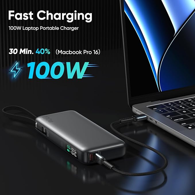 130W Power Bank,26800mAh Laptop Portable Charger,Built in Type-c Cable,3-Port 100W Max Laptop Power Bank,Smart Display,Compatible with MacBook,iPhone,iPad,Switch,Samsung,AirPords