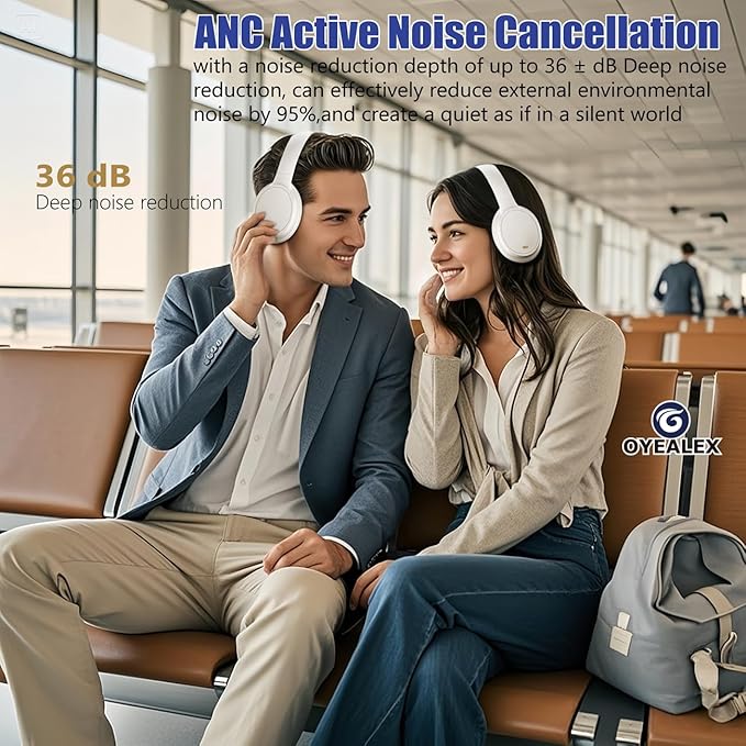 OYEALEX Active Noise Cancelling Headphones,Over Ear Bluetooth Headphones with Microphone,HiFi Stereo Deep Bass,Foldable Lightweight Headsets,Long ANC Playtime for Home Office Cellphone PC Travel-Black