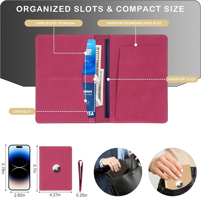 Airtag Passport Holder for Women Men Travel, Real Leather Passport Wallet, Handmade Passport Cover Case with Airtag Slot, Travel Must Haves Essentials Accessories Birthday Gifts(Crazy Horse, Rose Red)