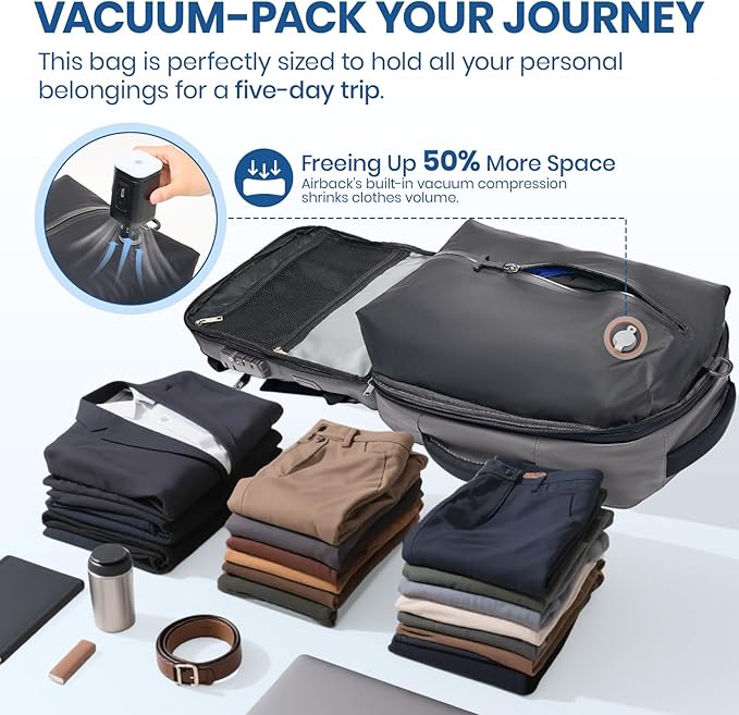 Fanwoli Vacuum Travel Backpack, Carry On Luggage with TSA Lock & Anti Theft Zipper, 60L Expandable Airback with Compression Pump, Waterproof Laptop Bag Ideal for Flight & Business,Grey