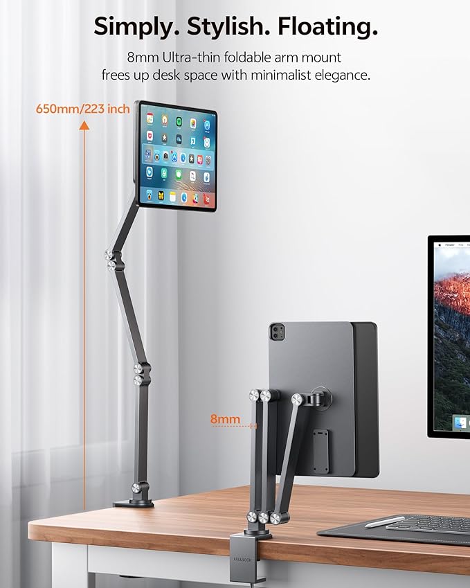 [Upgrade] Magnetic Wireless Charging Stand for iPad Pro 12.9" Gen3-6 / Air 13" M3/M2, Rock Steady iPad Stand for Desk with Foldable Aluminum Alloy Arm, Adjustable Tablet Mount with 2M Braided Cable