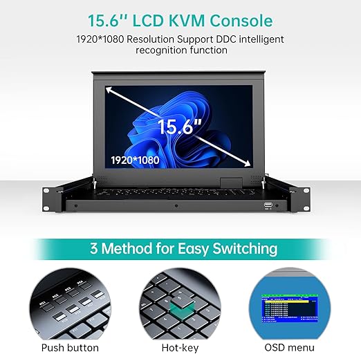 MT-VIKI 8 Port KVM Console HDMI, 1U Rack Mount KVM Console w/15.6'' LCD Monitor, 1080P Short Depth Integrated Touchpad+Keyboard+Drawer+8 Cables, Support OSD/Hotkey