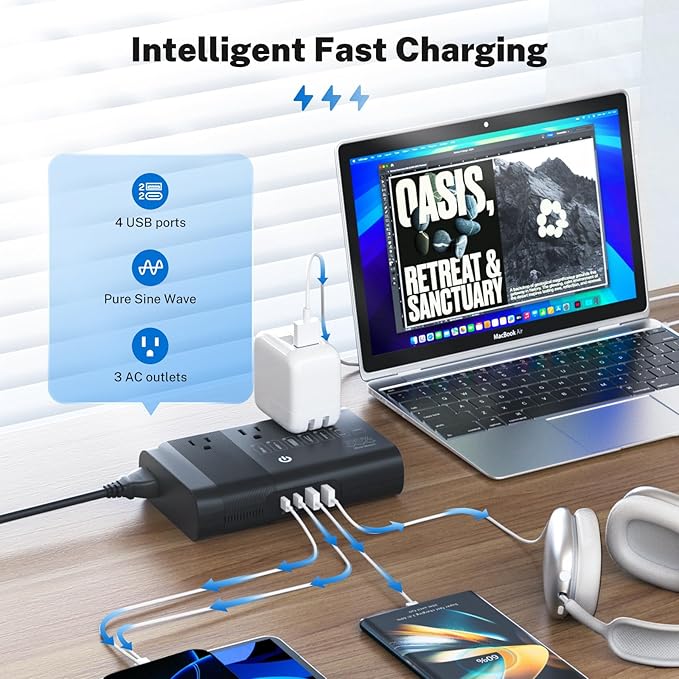 DOACE 500W Pure Sine Wave Voltage Converter, 220V to 110V European Travel Plug Adapter Converter, International Travel Transformer for US to Most Europe，UK, AU, EU, IT with 3 US Outlets & 4 USB, BLACK