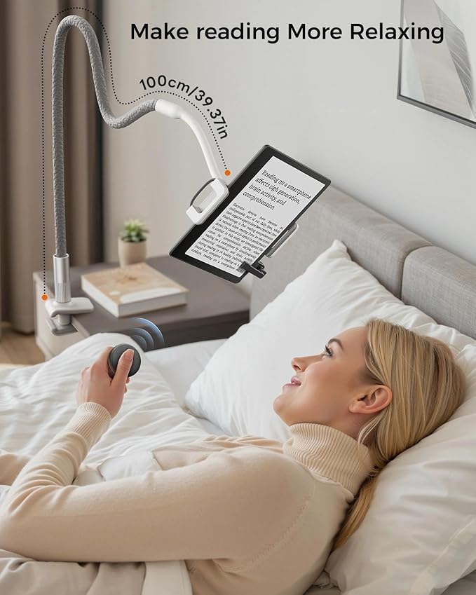 SAIJI Gooseneck Kindle Holder with Remote Page Turner, Tablet Holder for Bed, 100 cm Flexible Lazy Arm，Free Hands Kindle Accessories, Leather Tablet Stand for Reading in Bed, Gray