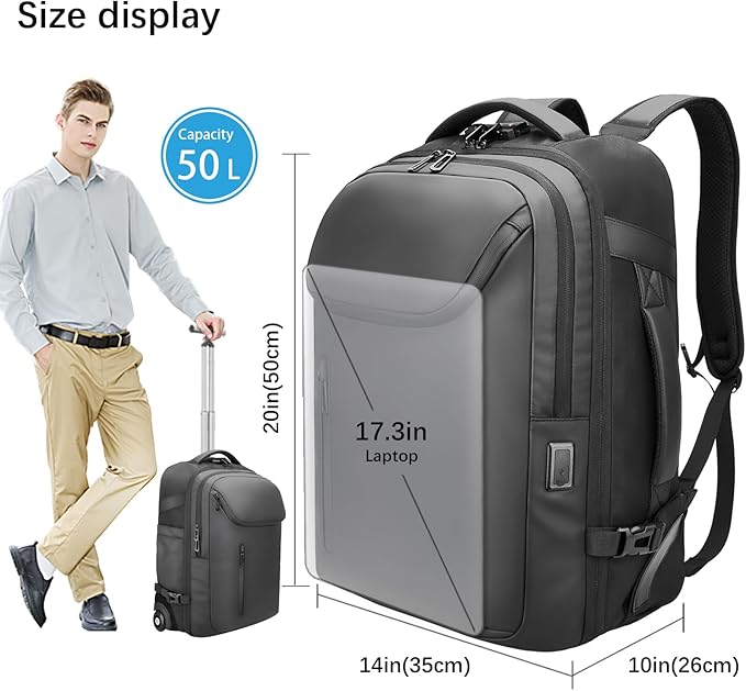 Rolling Backpack,50L Travel Backpack with Wheels,17.3inch Laptop Backpack with USB Port,TSA Carry On Anti Theft Backpack for Business Work Airplanes,Large Backpack for Men Women,Black